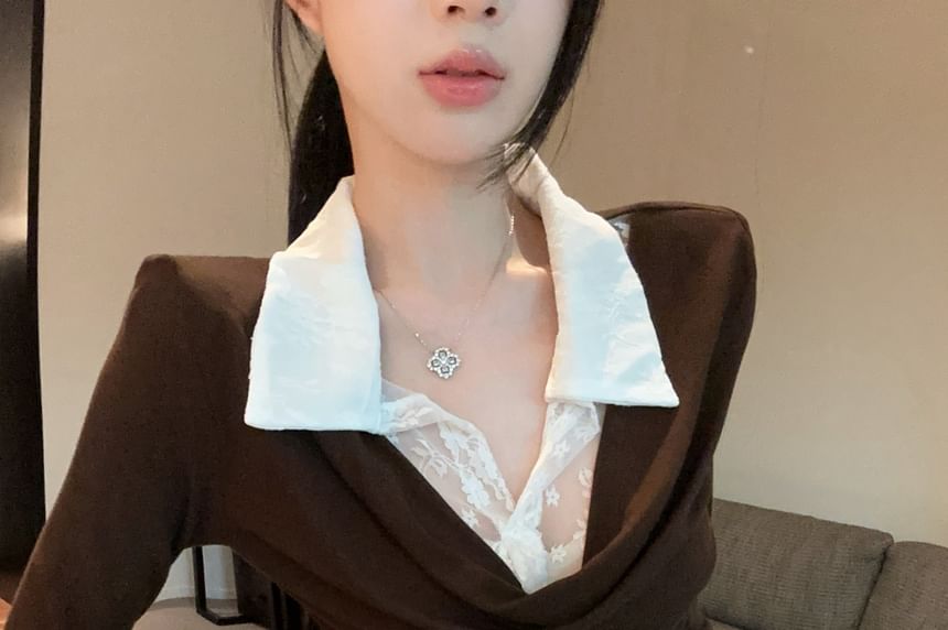 Mock Two-Piece Collar Lace Panel Slim Fit Long-Sleeve T-Shirt