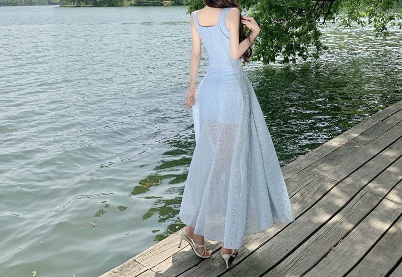 Sleeveless Lace Maxi A-Line Dress