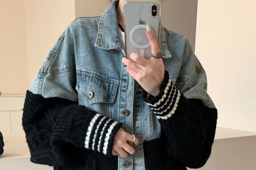 Collared Striped Washed Cable Knit Panel Denim Button Cardigan