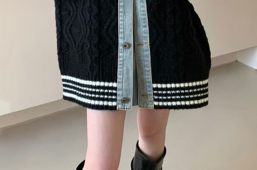 Collared Striped Washed Cable Knit Panel Denim Button Cardigan