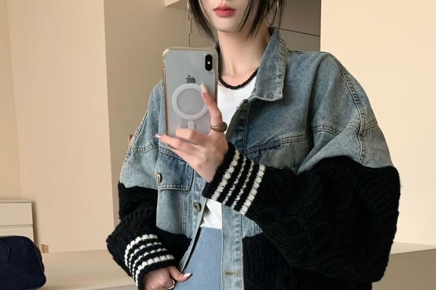 Collared Striped Washed Cable Knit Panel Denim Button Cardigan