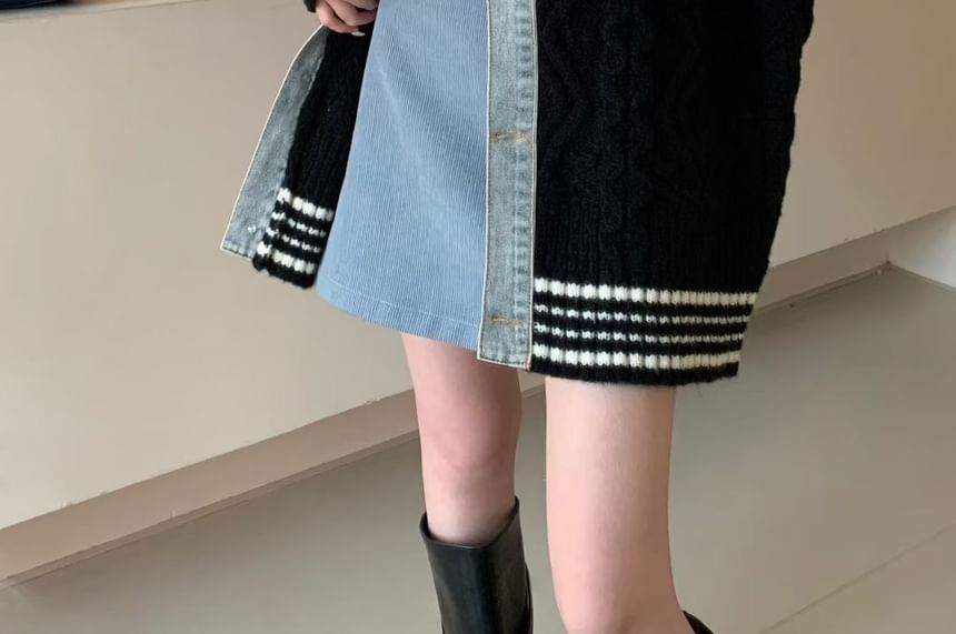 Collared Striped Washed Cable Knit Panel Denim Button Cardigan