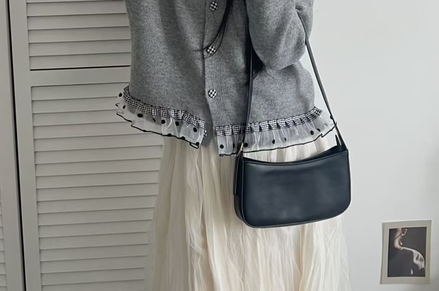 Round Neck Dotted Plaid Panel Mesh Ruffle Cardigan