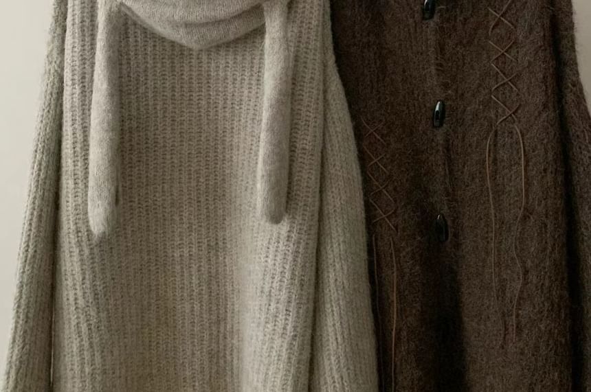 Plain Lace Up Hood Cable Knit Toggle Cardigan