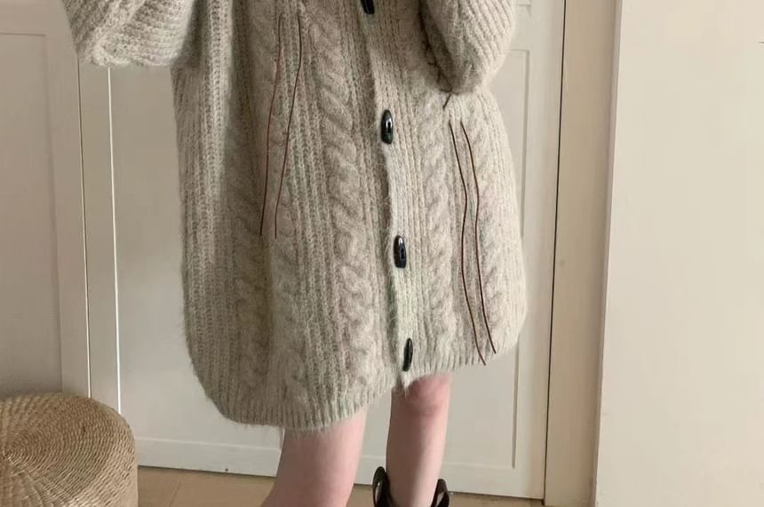 Plain Lace Up Hood Cable Knit Toggle Cardigan