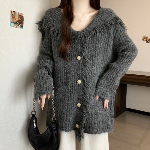 Collared Plain Fringe Ribbed Cardigan