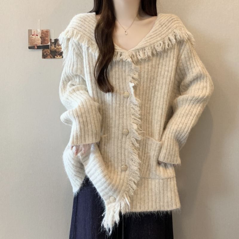 Collared Plain Fringe Ribbed Cardigan