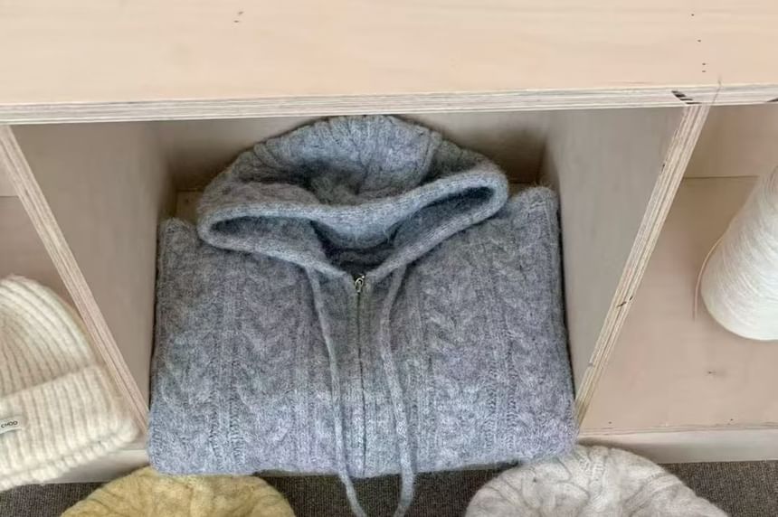 Plain Zip-Up Cable Knit Hoodie