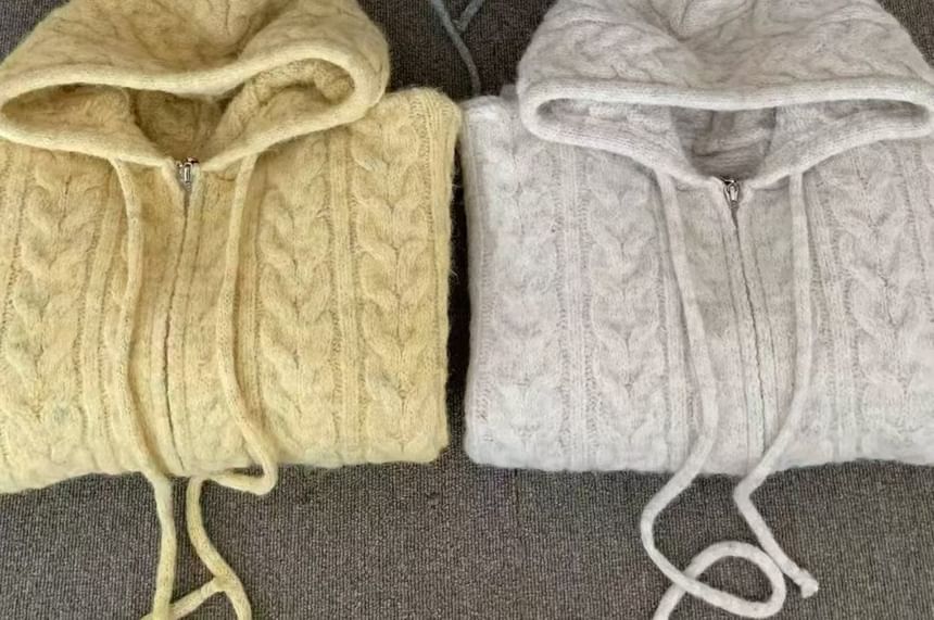 Plain Zip-Up Cable Knit Hoodie