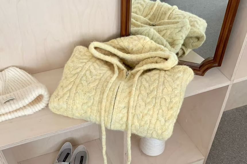 Plain Zip-Up Cable Knit Hoodie