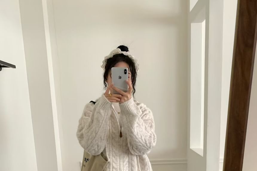 Plain Zip-Up Cable Knit Hoodie