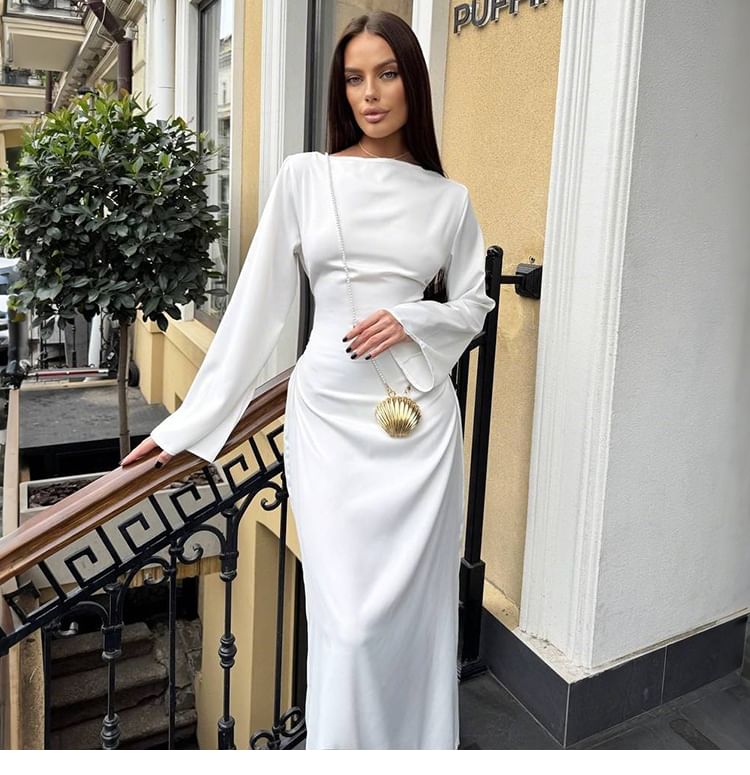 Long-Sleeve Boat Neck Plain Maxi Sheath Dress