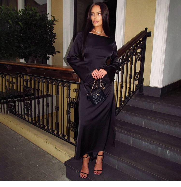 Long-Sleeve Boat Neck Plain Maxi Sheath Dress