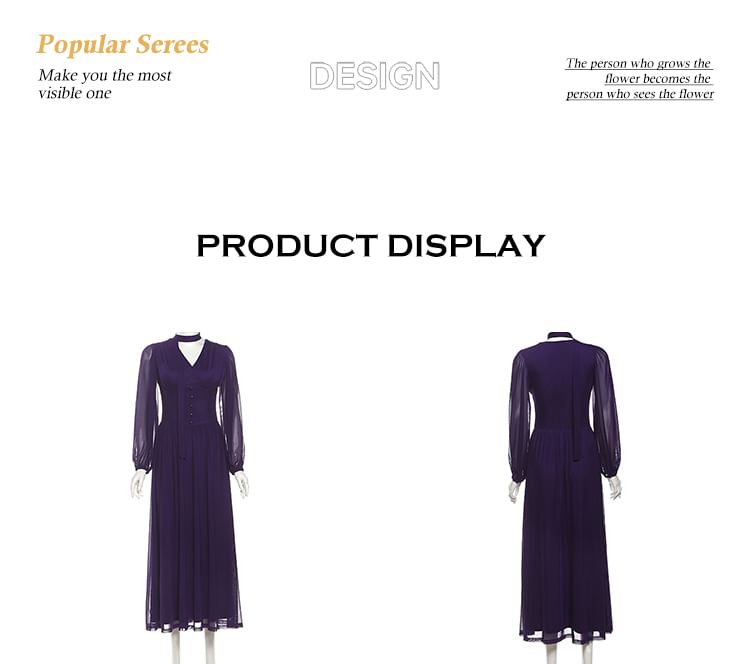 Set: Long-Sleeve V-Neck Plain Maxi A-Line Dress + Skinny Scarf