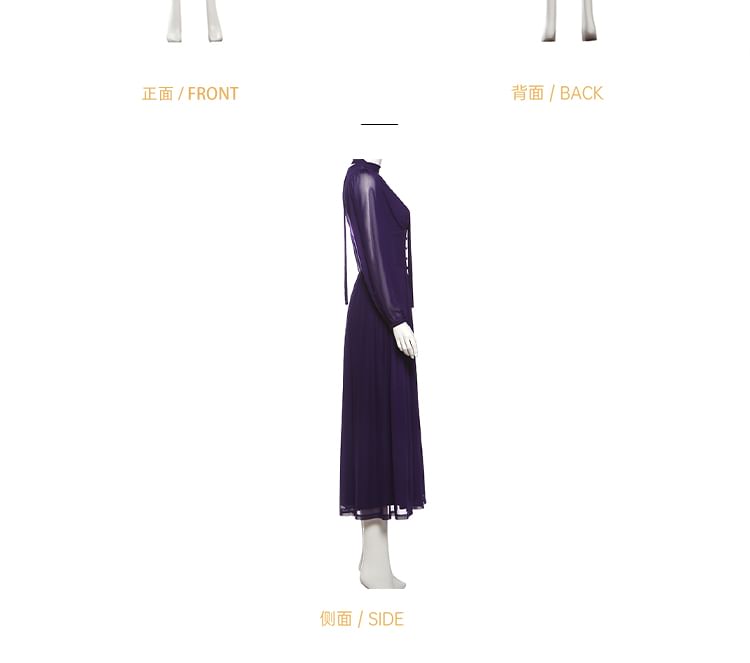 Set: Long-Sleeve V-Neck Plain Maxi A-Line Dress + Skinny Scarf