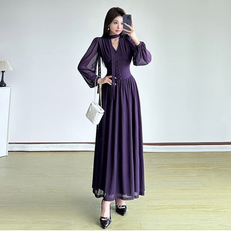 Set: Long-Sleeve V-Neck Plain Maxi A-Line Dress + Skinny Scarf