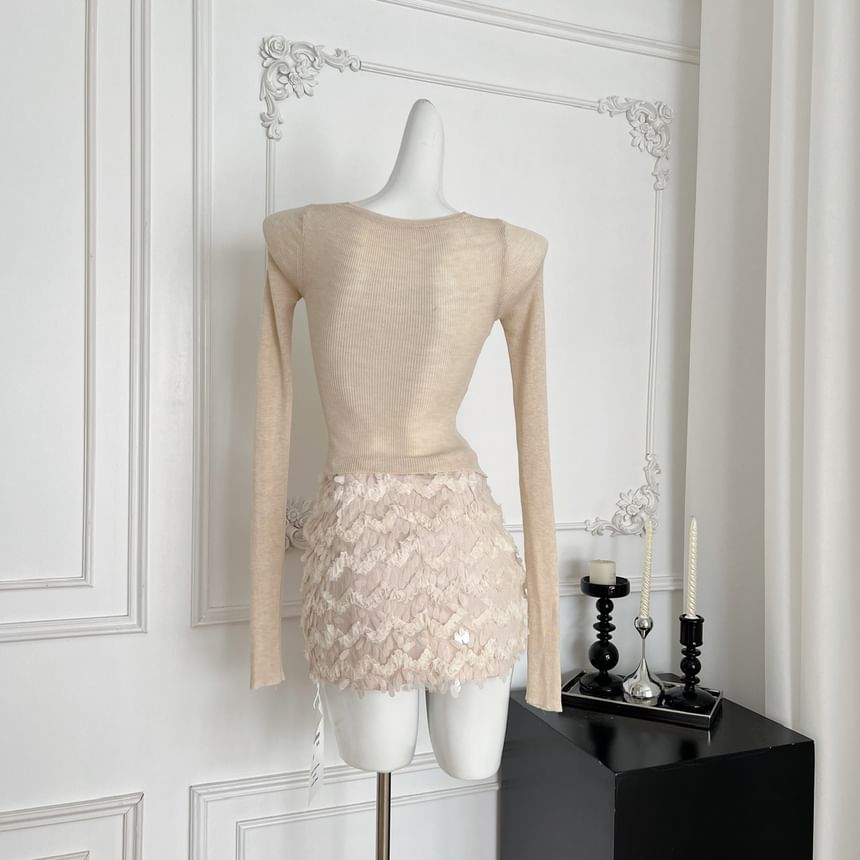 V-Neck Long Sleeve Knit Top and Sequin Mini Skirt Set