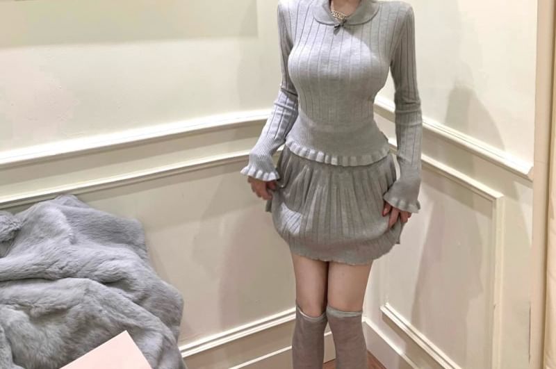 Long Sleeve Collar Melange Ribbed Knit Top & High Rise Mini A-Line Skirt
