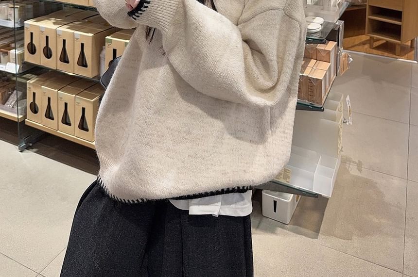 Contrast Trim Half-Zip Hooded Sweater