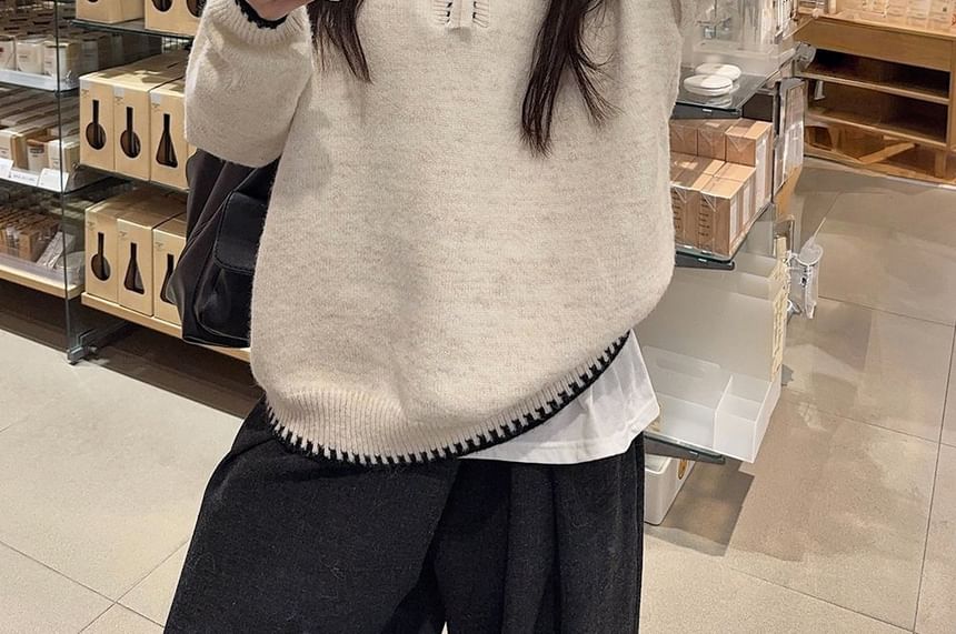 Contrast Trim Half-Zip Hooded Sweater