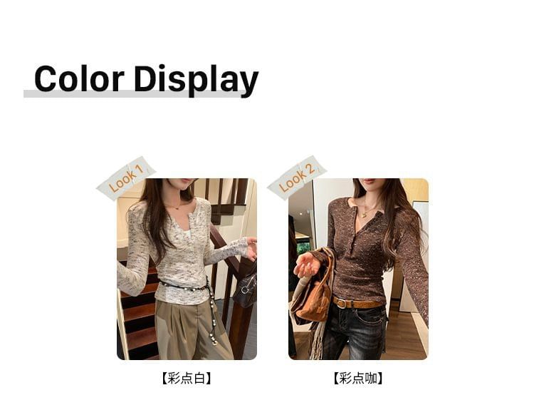 Melange Knit Henley Top with Notch Neck & Long Sleeves