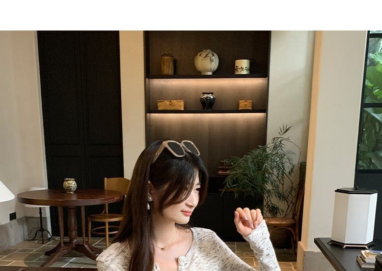 Melange Knit Henley Top with Notch Neck & Long Sleeves