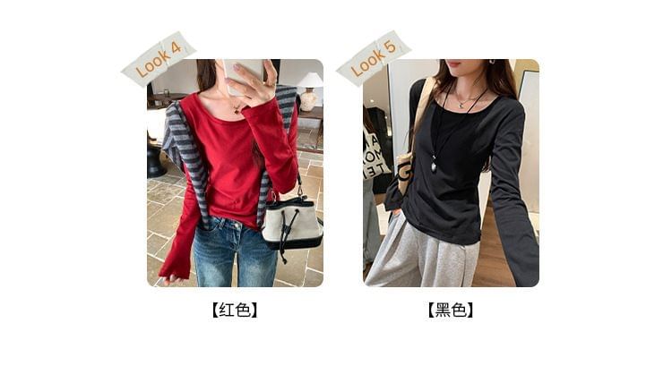 Plain Scoop-Neck Long-Sleeve T-Shirt