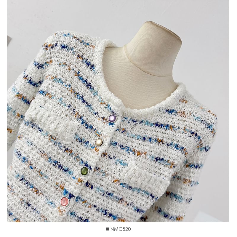 Set: Long Sleeve Striped Tweed Jacket + High Waist Mini Skirt