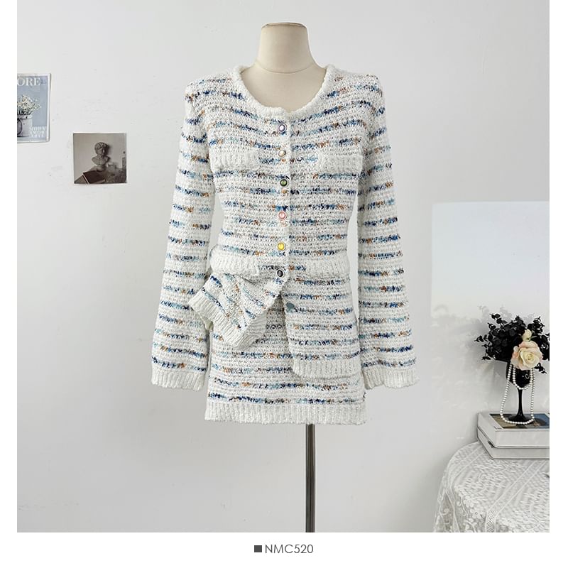 Set: Long Sleeve Striped Tweed Jacket + High Waist Mini Skirt