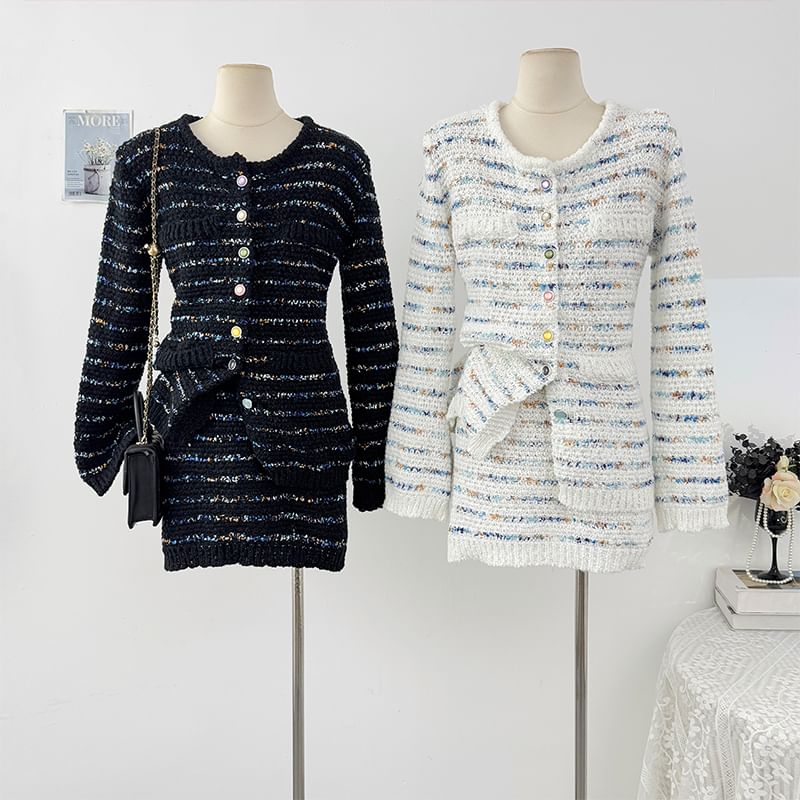 Set: Long Sleeve Striped Tweed Jacket + High Waist Mini Skirt