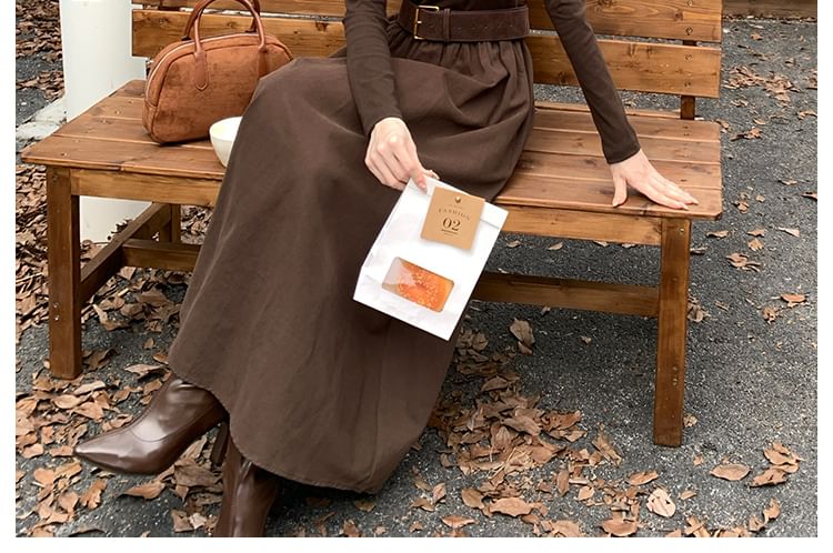 Long Sleeve V-Neck Belted Panel Maxi A-Line Dress