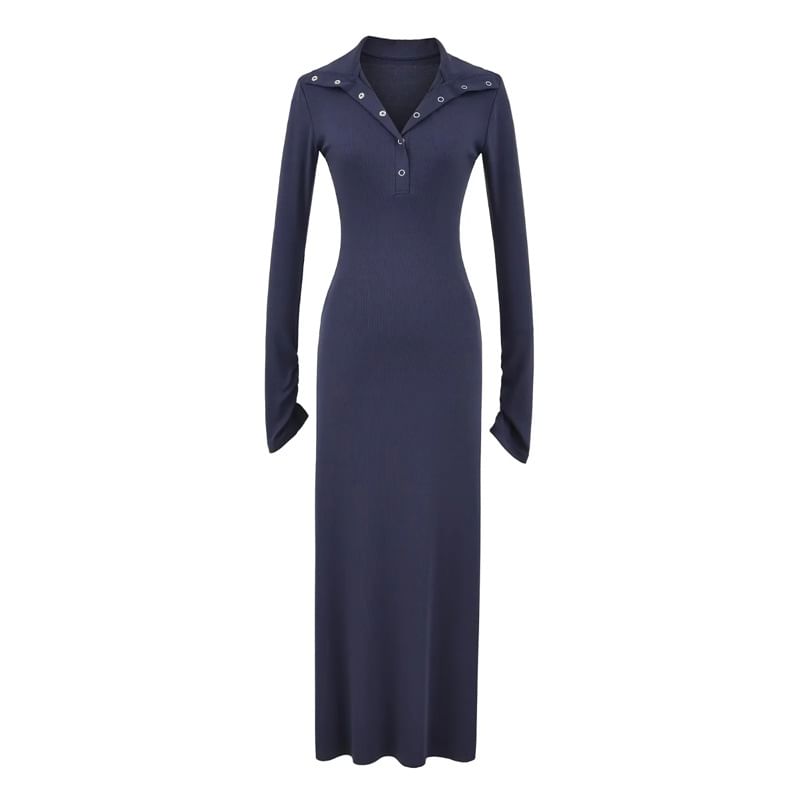 Long Sleeve Mock Neck Henley Plain Maxi A-Line Dress