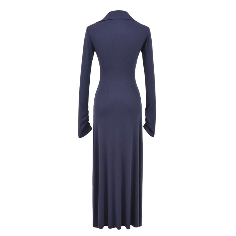 Long Sleeve Mock Neck Henley Plain Maxi A-Line Dress