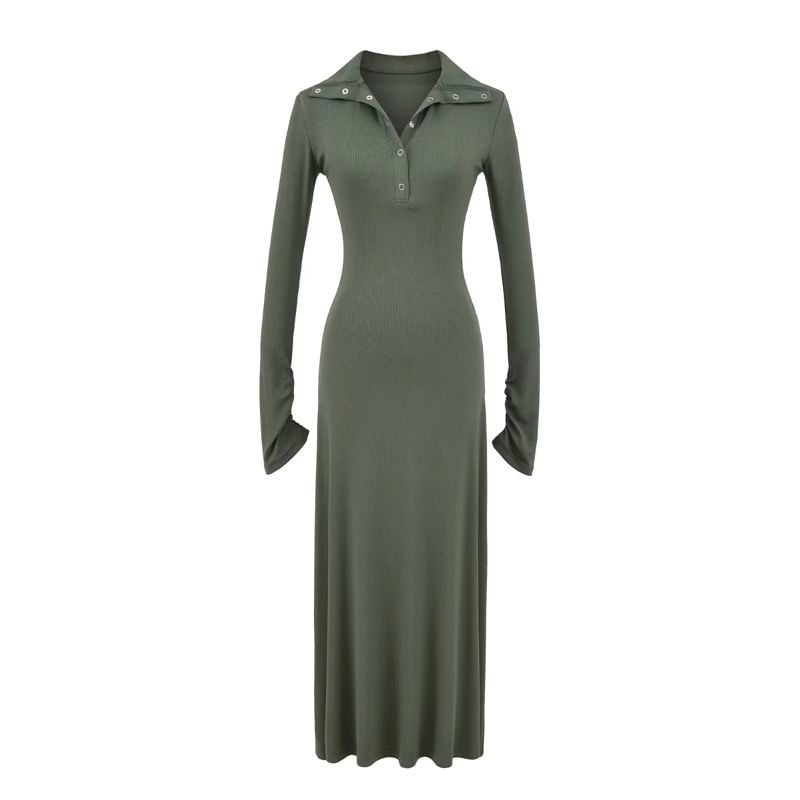 Long Sleeve Mock Neck Henley Plain Maxi A-Line Dress