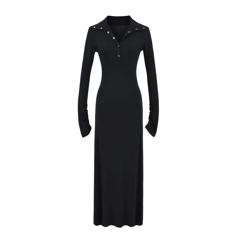 Long Sleeve Mock Neck Henley Plain Maxi A-Line Dress