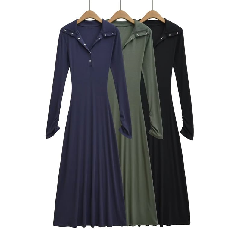 Long Sleeve Mock Neck Henley Plain Maxi A-Line Dress