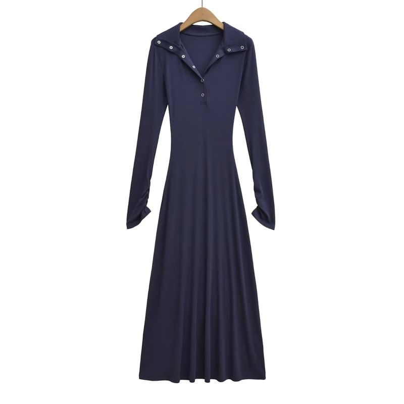 Long Sleeve Mock Neck Henley Plain Maxi A-Line Dress