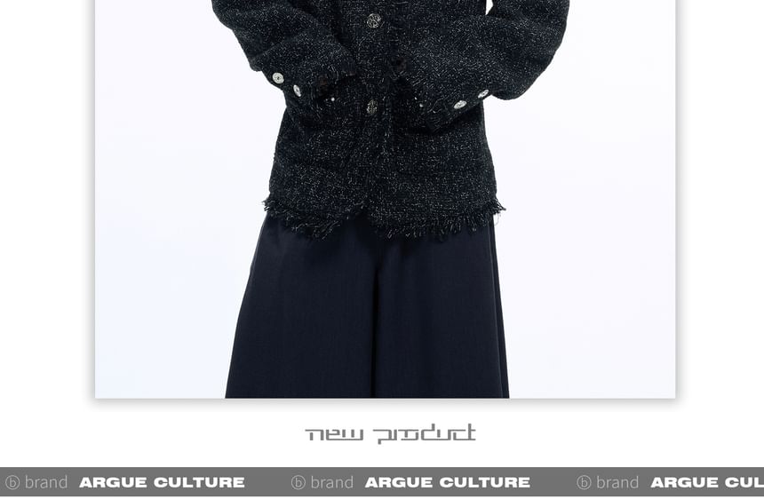 Round Neck Beaded Fray Tweed Button Jacket