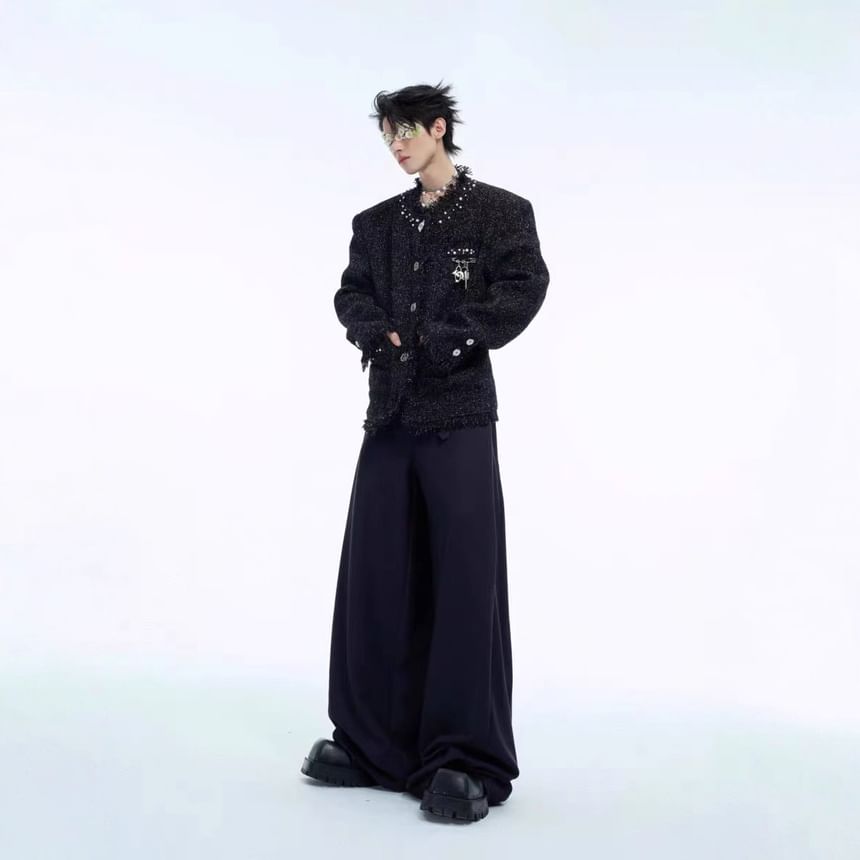 Round Neck Beaded Fray Tweed Button Jacket