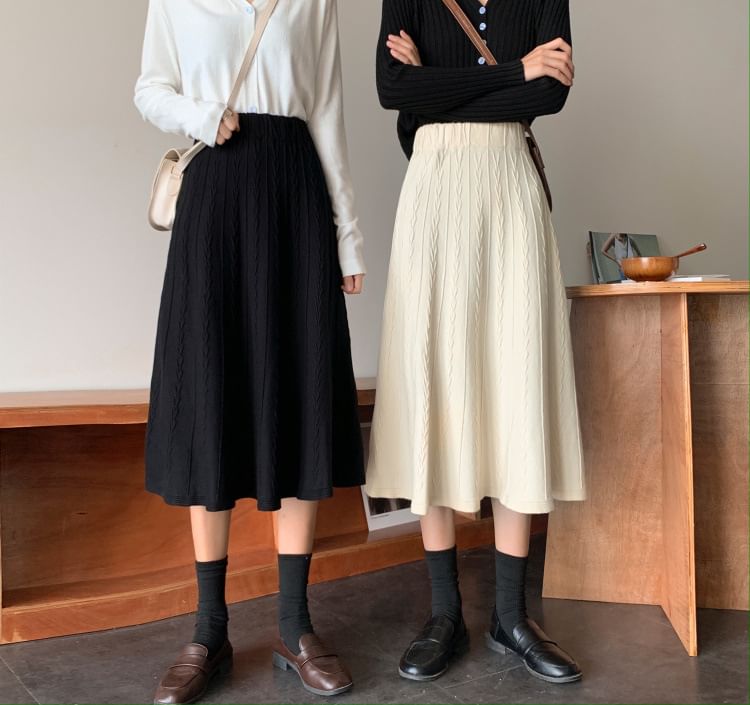 Elastic Waist Cable Knit Midi A-Line Skirt