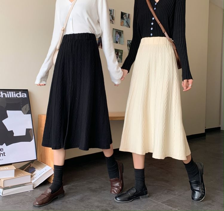 Elastic Waist Cable Knit Midi A-Line Skirt