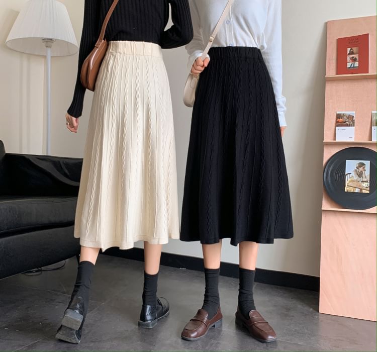 Elastic Waist Cable Knit Midi A-Line Skirt