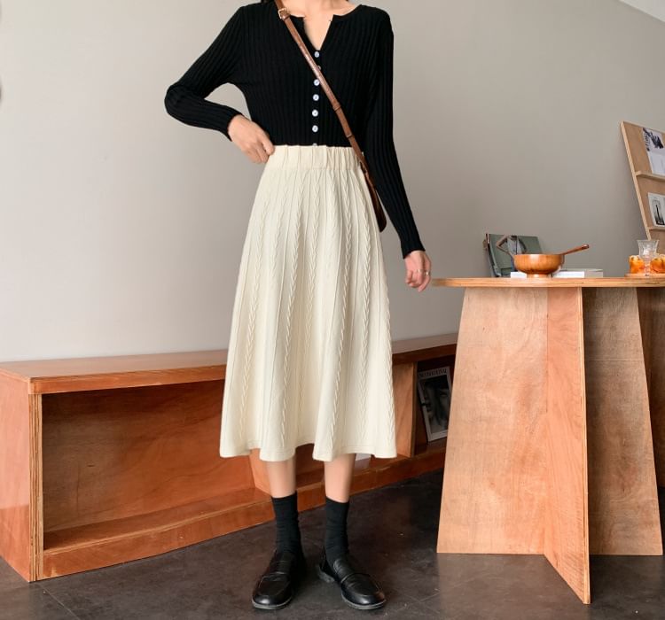Elastic Waist Cable Knit Midi A-Line Skirt