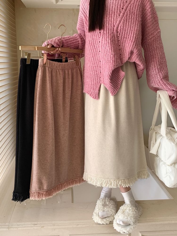 Fringed Slit Corduroy Midi A-Line Skirt Elastic Waist