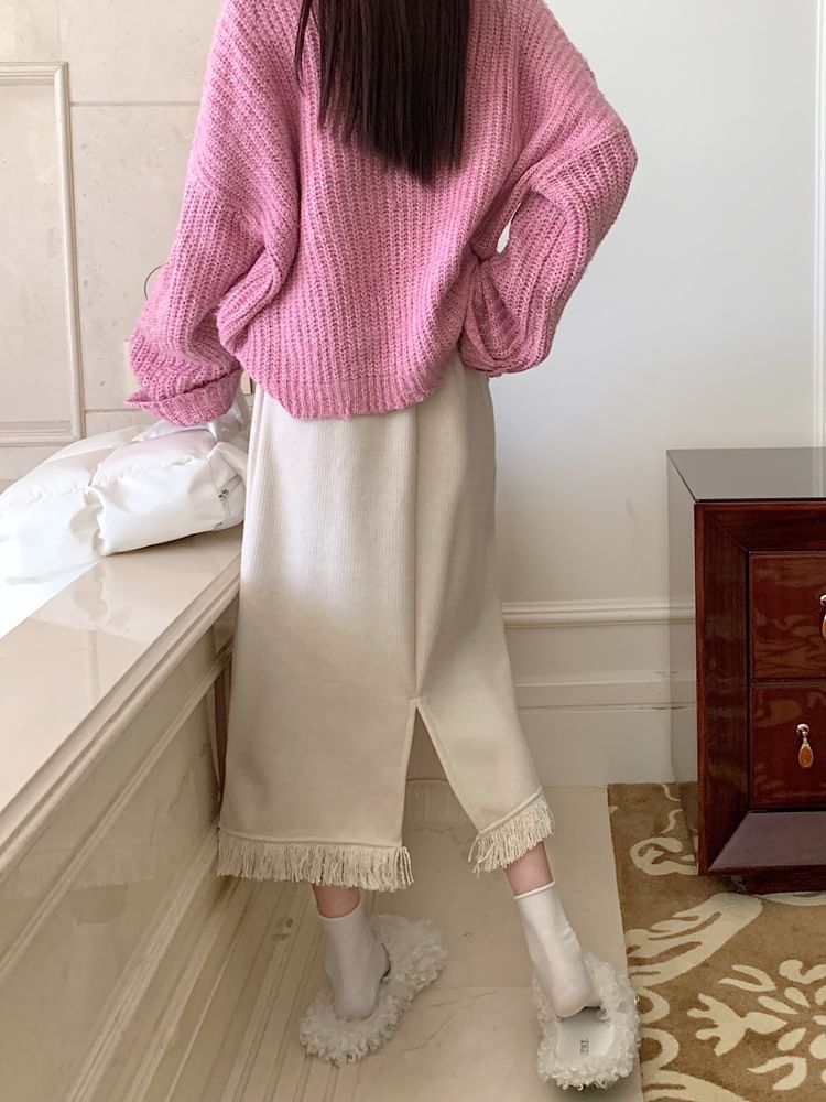 Fringed Slit Corduroy Midi A-Line Skirt Elastic Waist