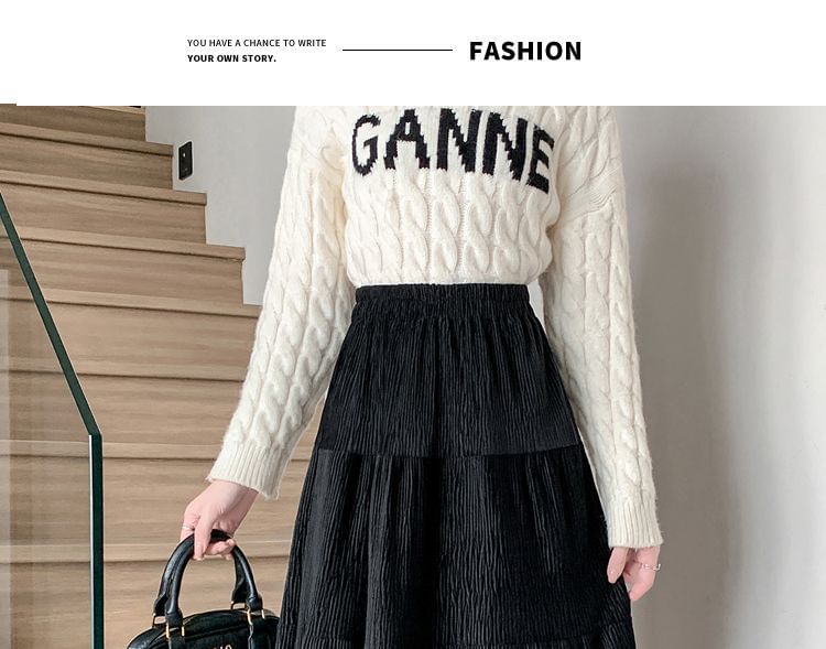 Ruffle Trim Tiered Corduroy Midi A-Line Skirt Elastic Waist