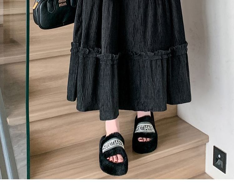 Ruffle Trim Tiered Corduroy Midi A-Line Skirt Elastic Waist