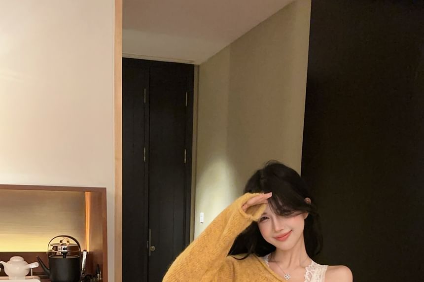 V-Neckline Lace Insert Plain Knit Sweater
