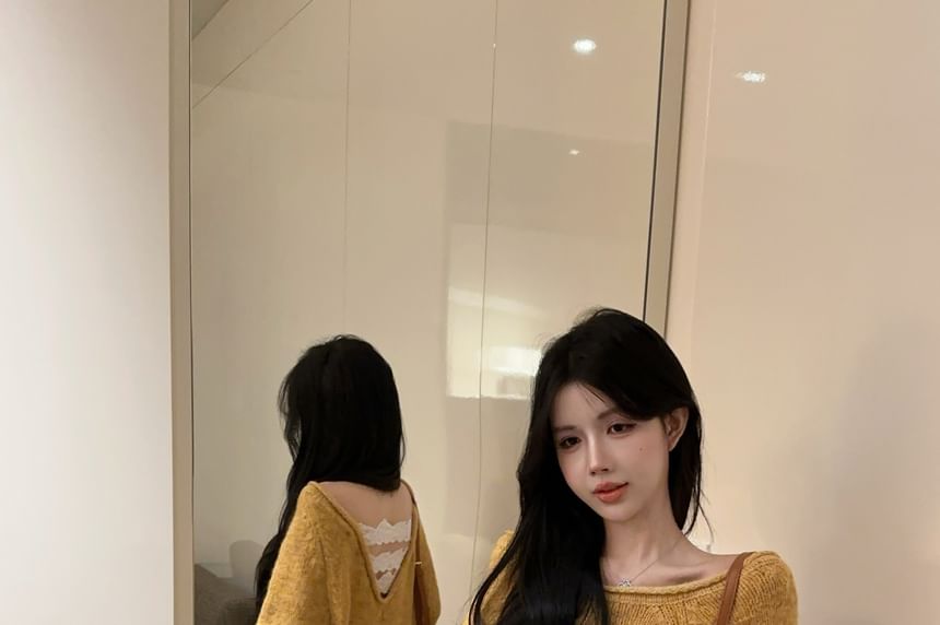 V-Neckline Lace Insert Plain Knit Sweater