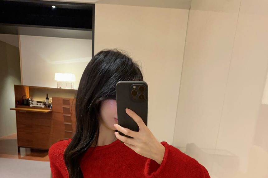 V-Neckline Lace Insert Plain Knit Sweater